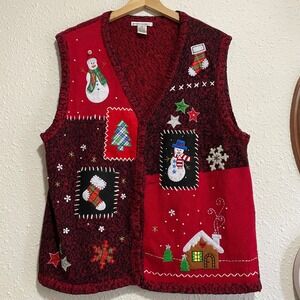 Vintage Reference Point‎ Womens Vest XL Red Christmas Snowman Gingerbread House